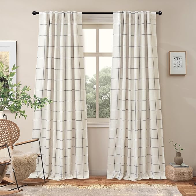 DriftAway 2 Panels 100% Blackout Windowpane Plaid Linen Curtains Double Layer Drapes for Bedroom 84 Inches Long Farmhouse Thermal Insulated 3.25 Inch Rod Pocket Back Tab for Living Room Black