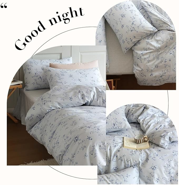 HighBuy Blue Floral Duvet Cover Twin XL Kids Girl Bedding Set Cottagecore Comforter Cover with 2 Pillowcases 100% Cotton Flower Duvet Cover Twin XL Aesthetic Bedding Set with Zipper and Corner Ties