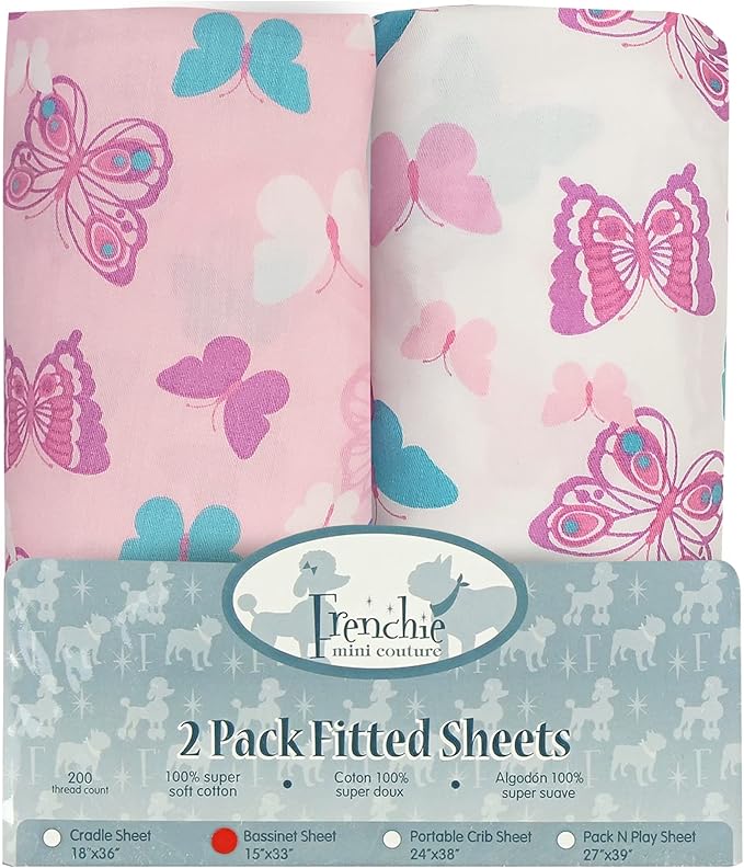 Frenchie Mini Couture, Bassinet Sheets for Babies, 2 Pack, 100% Woven Cotton, Pink Bassinet Protector, Fits Standard Bassinets, 15 x 33 x 4in, Butterfly