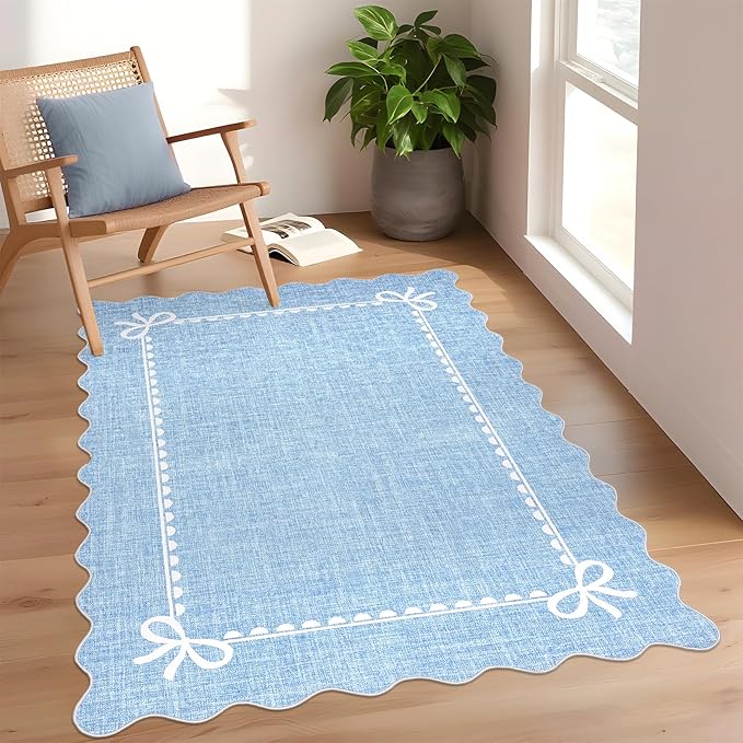 GarveeHome Scalloped Bow Rug for Living Room, Solid Blue Rug for Dorm, Washable Rugs 3x5 Soft Low Pile Non Slip Scalloped Rugs for Nursery Bedroom Decor Hallway Kids Room Playroom