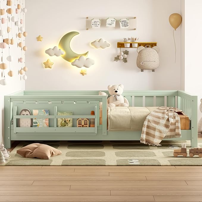 Bellemave Twin Floor Bed with Slats and Safety Guardrail, Twin Size Montessori Floor Bed with Fence and Built-in Bookshelf, Easy Assemble Montessori Beds for Kids, Girls, Boys, Green