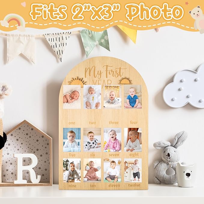 R HORSE My First Year Photo Display Wood Board - Fits 2 x 3 Inch Photo, 3D Boho Sun Baby's First Year Picture Frame 12 Months Milestone Board Baby Keepsake Birthday Nursery Decor Gift for Boy Girl