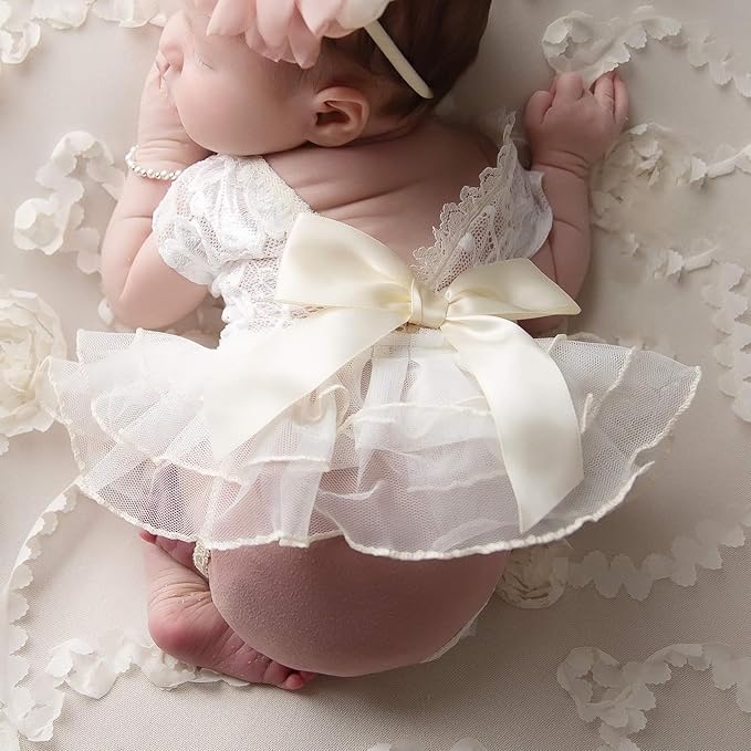 Newborn Girl Photography Outfits, Backless Lace Romper with Flower Headband Photo Props, Baby Girl Photoshoot Outfits