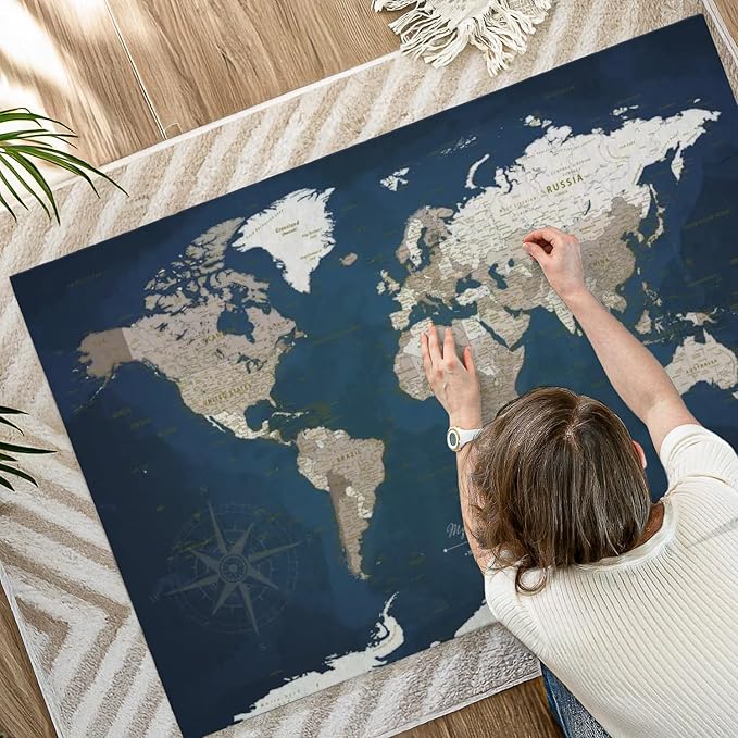 ElephantStock - My World Adventures Push Pin Travel Map I Wall Art - Horizontal Canvas Wall Art - Living Room Wall Decor - Printmaking Map Canvas Art - Blue And Beige Decor - 51" x 34"