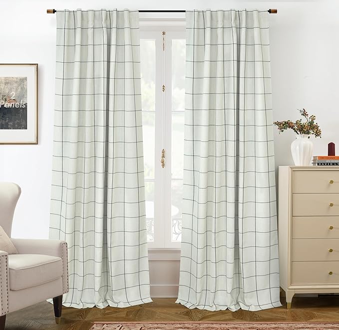 DriftAway 2 Panels 100% Blackout Windowpane Plaid Linen Curtains Double Layer Drapes for Bedroom 96 Inches Long Farmhouse Thermal Insulated 3.25 Inch Rod Pocket Back Tab for Living Room Black