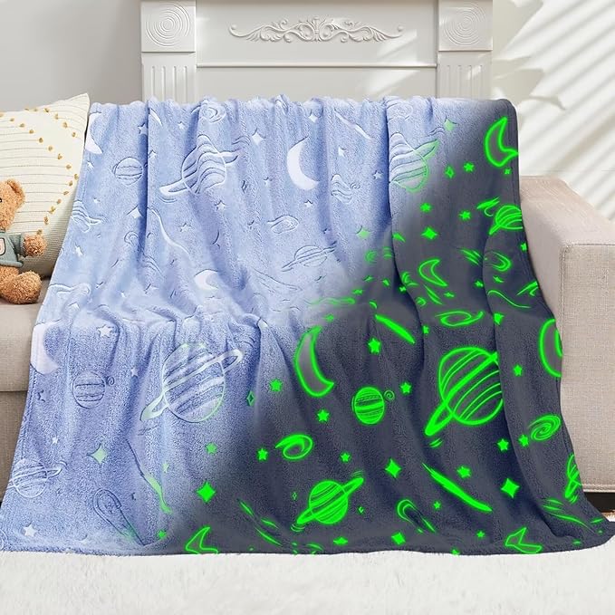 inhand Blue Glow in The Dark Blanket Space Toys Birthday Gifts for Boys Cute Kids Blanket and Funny Space Planet Moon Galaxy Room Decor for Age1 2 3 4 5 6 7 8 9 10 Year Old (30''x40''Blue)
