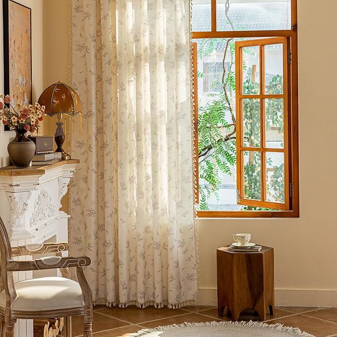 OYX Purple Boho Floral Curtains 96 Inch Length 2 Panels for Living Room, Bedroom Light Filtering Drapes, Farmhouse Country French Rustic Tassels Patterned Rod Pocket Aesthetic Decor Window Treatments