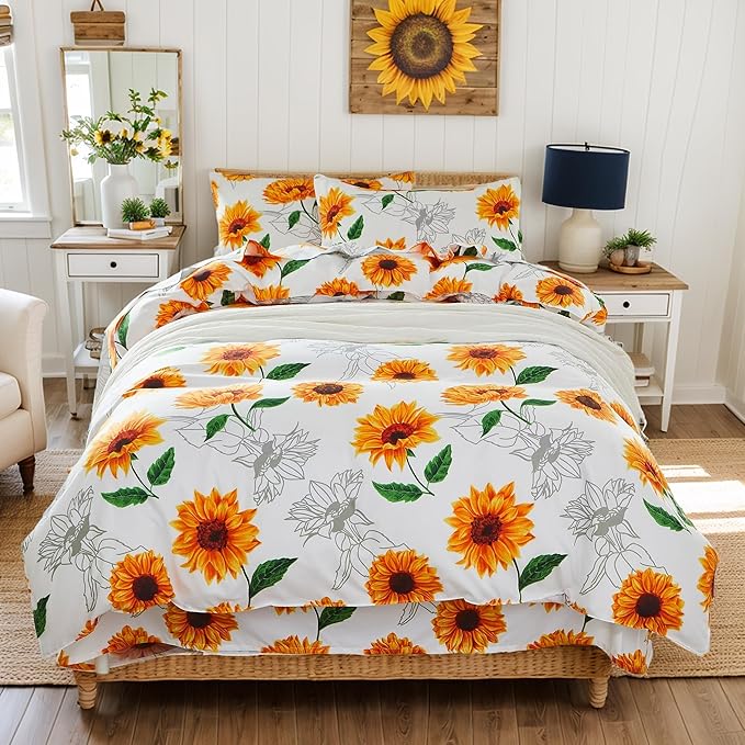 Brandream Duvet Cover Full/Queen Size 3 Pieces Boho Sunflower Farmhouse Floral Girl Women Floral Bedding Duvet Cover Set Super Soft Breathable with Zipper Closure & Corner Ties(Yellow White)