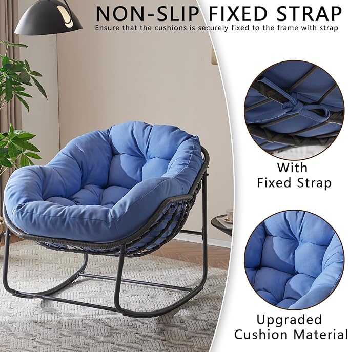Oversized Outdoor Papasan Rocking Chair with Soft Cushion, Comfy Patio Egg Chair, Wicker Lounge Rocker for Balcony/Porch/Garden, Reinforced All Weather Rattan Frame, 330 lbs Support, Royal Blue