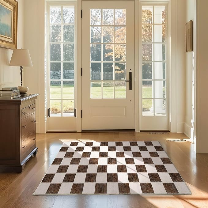EverGrace Checkered Plaid Area Rug 3x5, Soft Fuzzy Faux Wool Rugs Washable Anti Slip Rugs Small for Entryway Bedroom Living Room Hallway Kitchen Dining Room and Laundry Room, Dark Brown and White