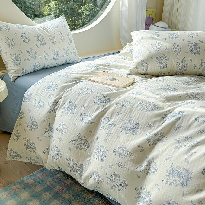 LifeTB Muslin Duvet Cover Set King Vintage Botanical Floral Duvet Cover 100% Cotton Linen Feel Flower Bedding Set Super Soft Gauze Comforter Cover Breathable Lightweight Cottagecore Bedding Set