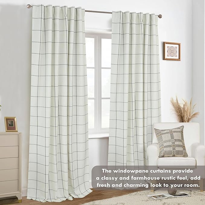 DriftAway 2 Panels 100% Blackout Windowpane Plaid Linen Curtains Double Layer Drapes for Bedroom 84 Inches Long Farmhouse Thermal Insulated 3.25 Inch Rod Pocket Back Tab for Living Room Black