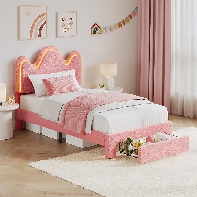 IDEALHOUSE Twin Bed Frame with LED Headboard and Under-Bed Drawer, Metal Upholstered Platform Bed with LED Light for Kids, Girls, Lamb Fleece Fabric, Wooden Slats Support, No Box Spring Needed, Pink