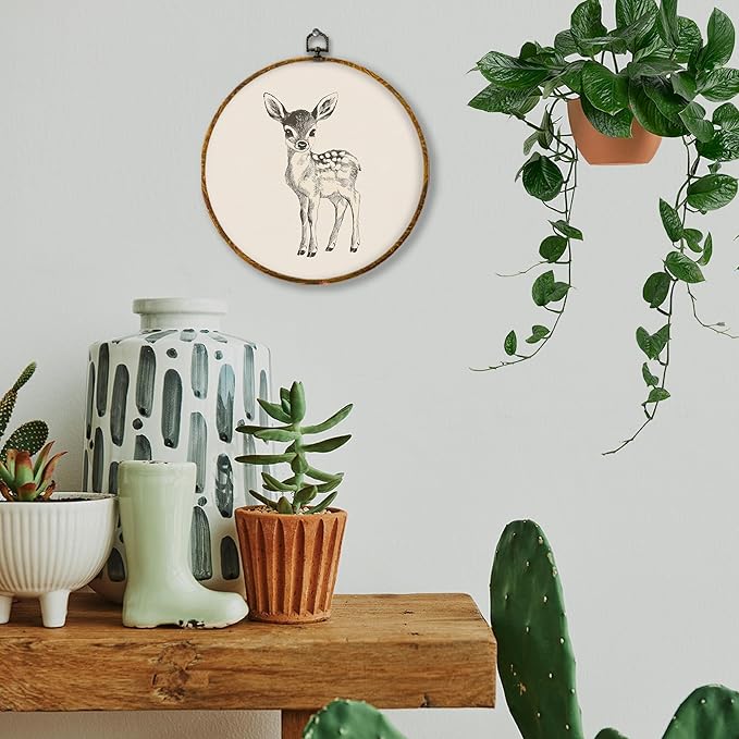 Hiuwevt Vintage Deer Round Wall Art Decor, Cottagecore Deer Framed Canvas Prints, Retro Rustic Wild Animal Farmhouse Round Wall Hanging Decor for Home Nursery Kids Bedroom Decorations, 10x10 Inches