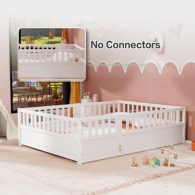 KEIKI Full Kids Floor Bed, Montessori Kids Floor Bedframe with Fence & Door, Children's Wood Bed for Living Room, White