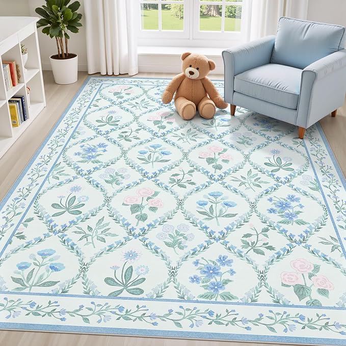 4x6 Rugs for Bedroom Girls, Boho Blue Floral Washable Area Rug Non Slip, Soft Indoor Cute Decor Elegant Carpet for Kids Room Nursery Dorm Living Room Dining Room, Blue Multi