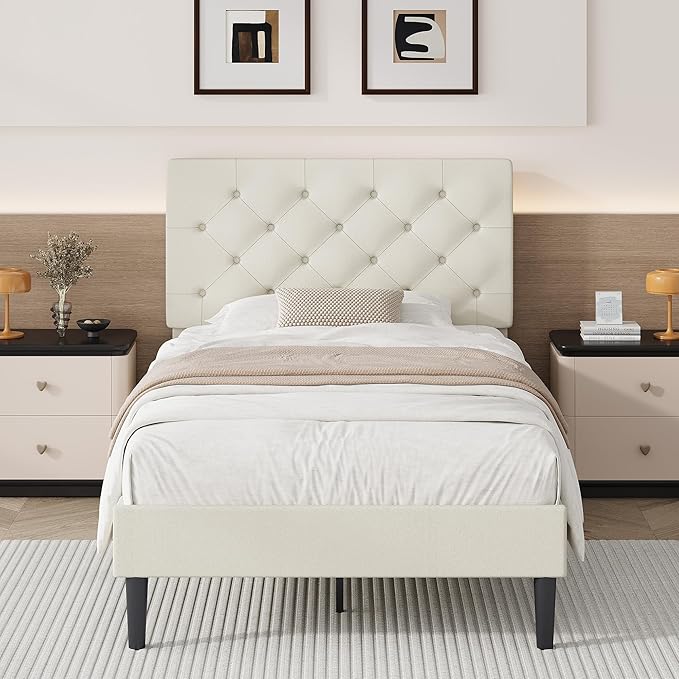 BarnFurin Twin Bed Frame, Upholstered Platform Bed with Button Tufted Headboard, Fabric Bed Frame with Wooden Slats Support, No Box Spring Required, Easy Assembly, Cream