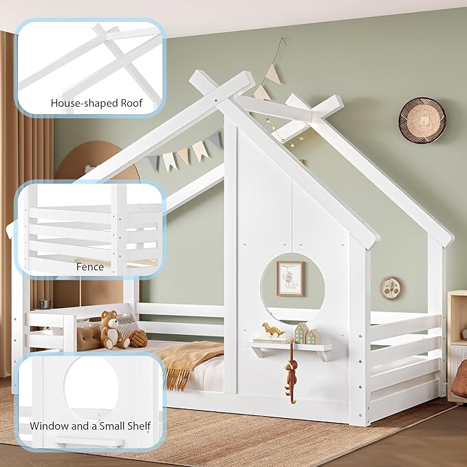 Polibi Twin Size House Floor Bed with Window and a Small Shelf, Solid Wood Low Profile Floor Bed for Kids, No Box Spring Needed, White