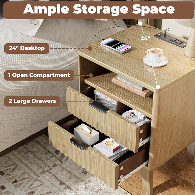 Nightstands with Charging Station, Modern Fluted 2 Drawers End Tables, Side Tables with Storage Shelf for Bedroom, Office, Natural Oak