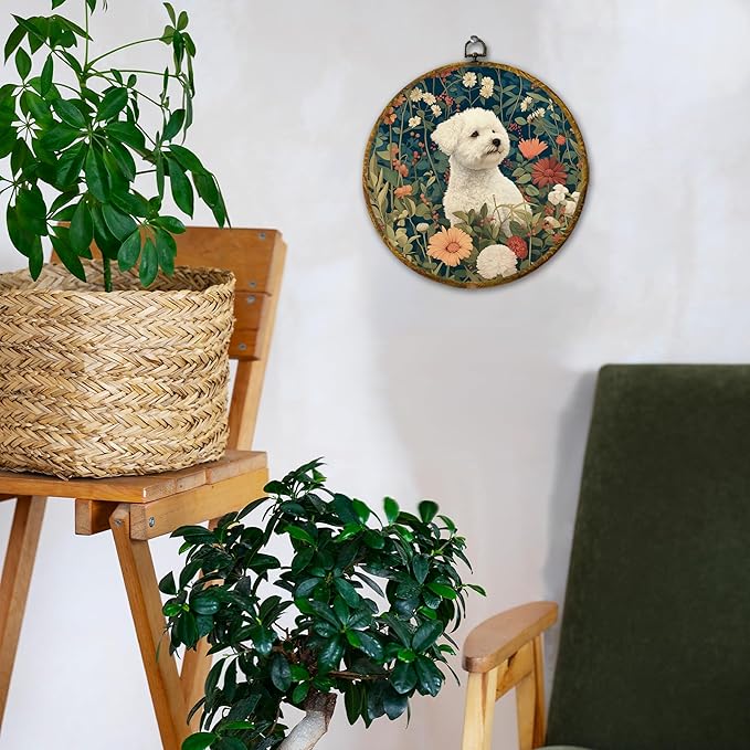 Hiuwevt Vintage Floral Bichon Frise Round Wall Art Decor, Bichon Frise Gifts Framed Canvas Prints, Cottagecore Flower Dog Round Wall Hanging Decor for Home Bedroom Room Decorations, 10x10 Inches