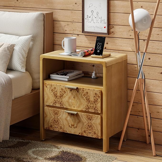 LONYKE Burl Finish Nightstand with Charging Station, Side Table with Power Outlet and USB & Type C Ports, Wood Bedside Table for Bedroom, Fully Assembled, Rustic, Natural, Farmhouse