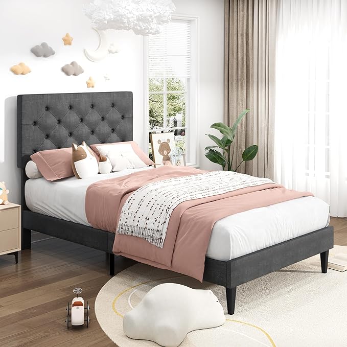 BarnFurin Twin Bed Frame, Upholstered Platform Bed with Button Tufted Headboard, Fabric Bed Frame with Wooden Slats Support, No Box Spring Required, Easy Assembly, Light Grey