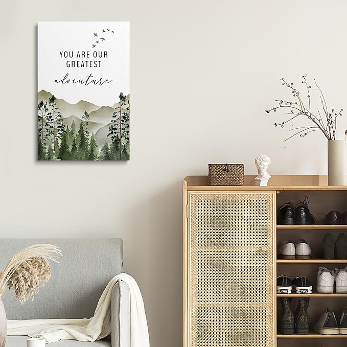 XWELLDAN You are Our Greatest Adventure Woodland Nursery Inspirational Wall Art Canvas Prints,Watercolor Forest Mountain Adventure Wall Art Decor for Kids Baby Bedroom Nursery, 16 x 24 Inch, Framed