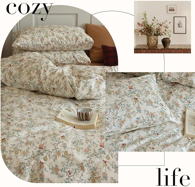 LifeTB Vintage Garden Floral Duvet Cover Queen 3 Pieces Soft Cotton Girls Cottagecore Bedding Set Botanical Flower Comforter Cover with Zipper Closure Floral Branches Vintage Country Bedding