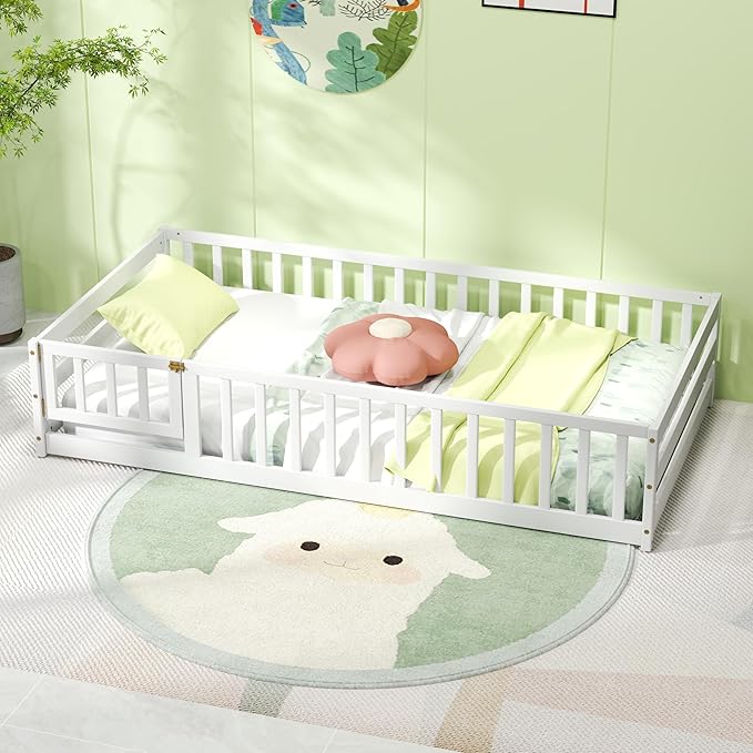 Giantex Twin Floor Bed with Fence for Kids, Wooden Montessori Bed Frame with Lockable Door & Guardrails, Low Floor Beds for Kids, Boys, Girls, No Box Spring Needed, Without Wood Slats, White