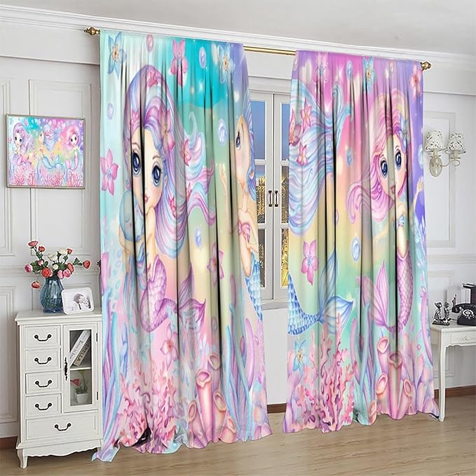 Cartoon Mermaid Kids Curtain Fantasy Ocean Theme Coral Flower Floral Window Treatment for Kids Girls Bedroom Nursery Room Decor Rod Pocket Blackout Window Drapes 72x63in