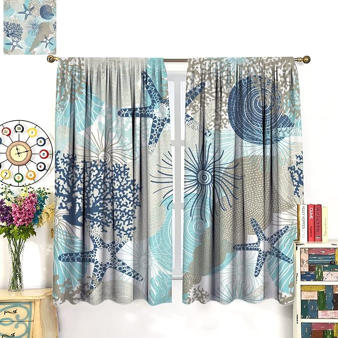 Coastal Curtains Ocean Beach Themed Room Darkening Window Curtain Nautical Coral Blackout Curtain for Bedroom Living Room Bathroom Nursery Set 2 Panels,63x63 Inches