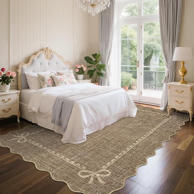 GarveeHome Scalloped Bow Rug for Living Room, Solid Brown Rug for Dorm, Washable Rugs 8x10 Soft Low Pile Non Slip Scalloped Rugs for Nursery College Bedroom Decor Kids Room Playroom