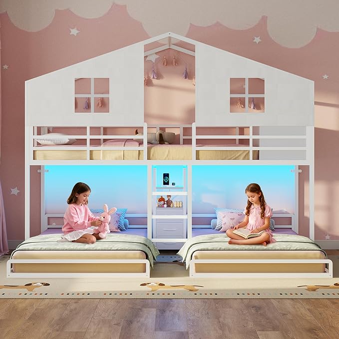 BTHFST Triple Bunk Bed Twin Size with House, 4 Storage Drawers, Charging Station and LED Lights, Metal Kids Bunk Bed with 13.4" H Safety Guardrail and Play Curtain, DIY House Shaped Bed, White