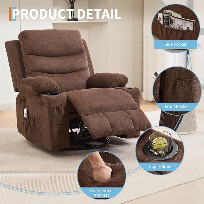 Recliner Chair Nursery, Oversized Manual Reclining Rocking Chair, 360 Swivel Glider with Cup Holder, Massage and Heat Recliner, Indoor Small Single Sofa Chairs for Adults, RV, Bedroom, Linen Brown