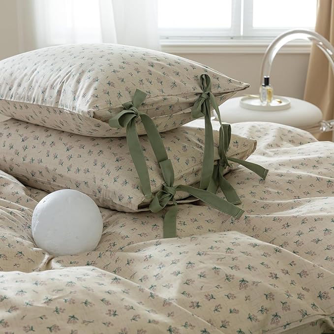 HighBuy Girl Duvet Cover Twin Floral Bedding Boho Soft Cotton Coquette Bedding Comforter Cover Twin with 2 Bowknot Bow Tie Pillowcases,Vintage 3 Pieces Cute Flowers Bedding Set Ultra Soft