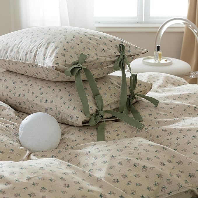 HighBuy Soft Cotton Duvet Cover Queen Girl Floral Coquette Bedding Set Boho Duvet Cover Queen with 2 Bowknot Bow Tie Pillowcases,Garden Floral Comforter Cover Coquette 3 Piece Bedding Set