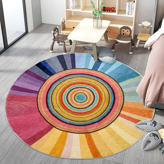 Kids Rug 5Ft Round Colorful Girls Bedroom Carpet Circle Sun Rug Rainbow Nursery Mat Modern Abstract Playroom Bedside Area Rug for Children Indoor Home Decor