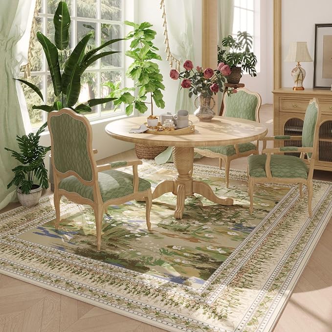 Rugcomf Area Rugs 9x12 Living Room Clearance Impressionist-Style Vintage Washable Rug Non Slip Low Pile Large Rug for Bedroom Farmhouse Dining Room Kids Playroom, Beige
