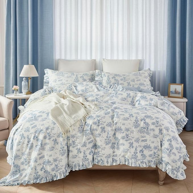Brandream French Country Toile Queen Duvet Cover Set for Girl Women Bedroom Vintage Blue Toile Floral Print 100% Cotton Duvet Quilt Comforter Cover Pillow Shams Set with Delicate Ruffle Fringe
