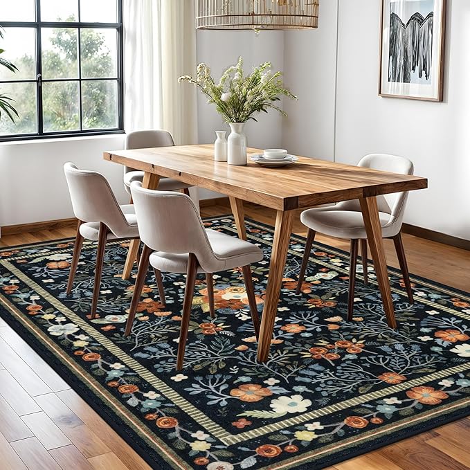 Area Rugs for Living Room 6x9, Washable Non-Slip Thin Floral Vintage Boho Rug for Bedroom Dining Room Office, Non-Slip Rug for Kitchen Indoor Lightweight Carpet, Black/Multi