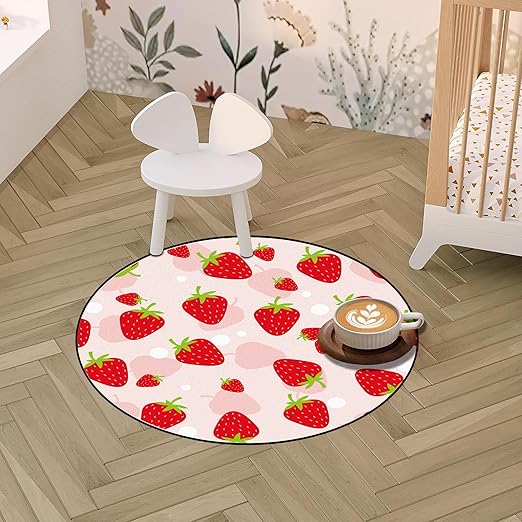 3Ft Round Strawberry Rug Kwaii Pink Circle Rugs for Bedroom Dorm Living Room Cute Area Rug Floor Mat Pad Doormat Carpet, 3'X3'(90x90cm)