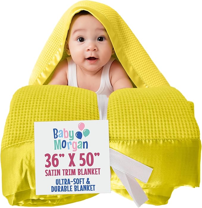 Blankets Thermal Waffle Baby Blanket Crib Bedding - Soft Cozy Warm Infant Thermal Cover for Nursery Stroller or Bassinet, Lightweight Ideal Shower Gift, Satin Trim Yellow 36" x 50"