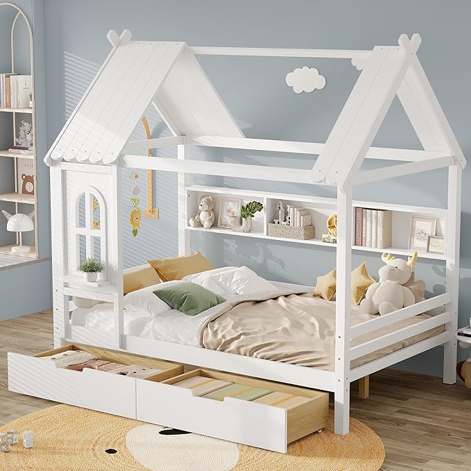 MERITLINE Full Size House Bed with Storage Drawers & Window, Solid Wood Platform Bed Frame with Shelves, No Spring Box Needed, Childlike Design for Kids, Girls, Boys, Light White