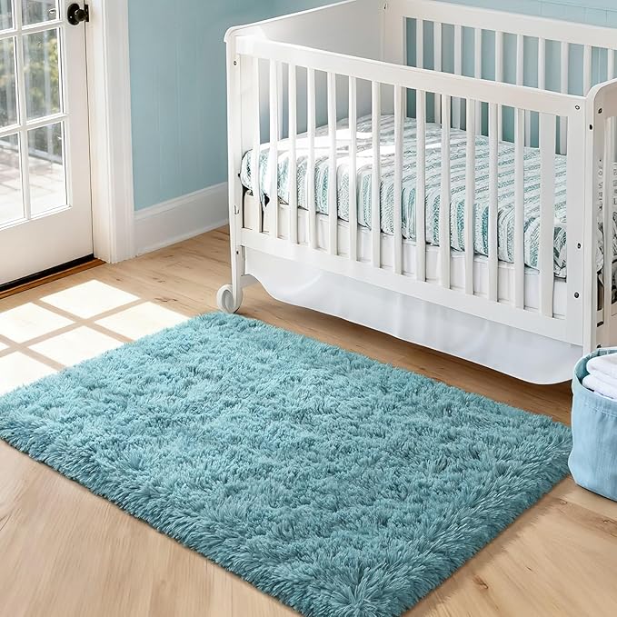 Merelax Soft Modern Indoor Large Shaggy Rug for Bedroom Livingroom Dorm Kids Room Home Decorative, Non-Slip Plush Fluffy Furry Fur Area Rugs Comfy Nursery Accent Floor Carpet 3x5 Feet, Turquoise Green