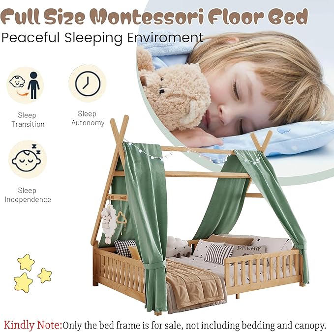 Montessori Bed Full Size with Light and Slats, Wood Teepee Floor Bed for Kids Boys Girls,House Bed Frame with Rails & Roof,No Box Spring Needed, Natural