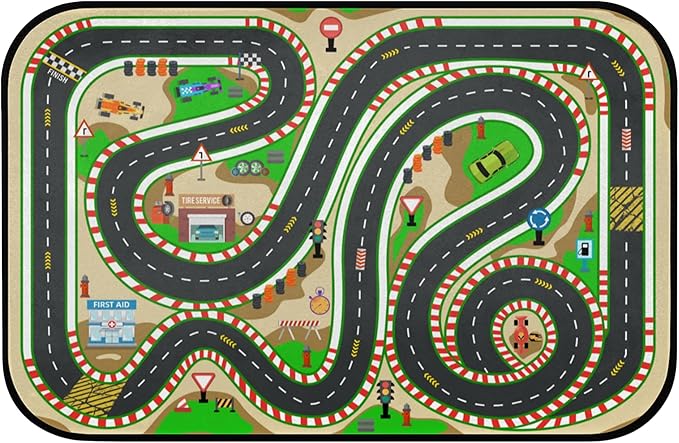 Kids Race Track Play Rug - Car Road Map Realistic 3D Cascading Soft Non-Slip 2x3 Ft Carpet Toys Mat Washable Playroom Bedroom Boys Nursery Educational Area Rug Entrance Mats Classroom Decor