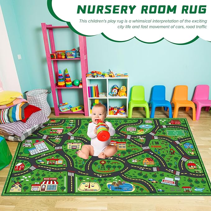 Tinideya Kids Carpet Playmat Rug Player Car Rug, 8 x 10 ft Traffic Map Mat Educational Game Area for Toddler Children Playroom Classroom Bedroom (City, Green)