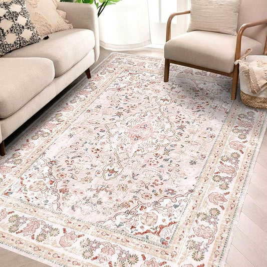 Vhong Pink Area Rugs Washable Boho Vintage Modern Neutral Small Carpet 4×6 High Traffic Rugs for Dinning Room Living Room Bedroom Girls' Room Nursery Room Non Slip