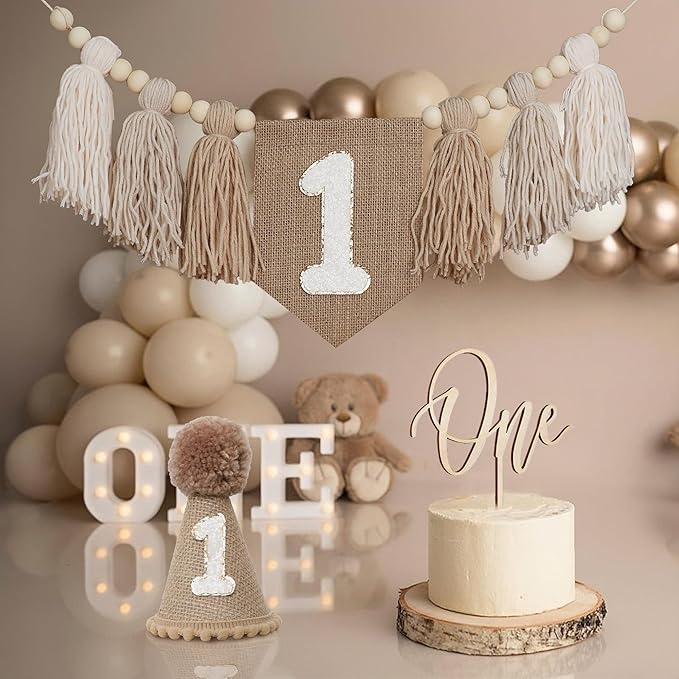 1st Birthday Decorations Boys High Chair Banner With One Cake Topper Brown Conical Hat For First Party