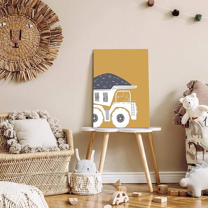 AKWISH Framed Nursery Construction Truck Wall Art Set of 3 – Cute Excavator Tractor Dump Truck Canvas Prints, Boys Bedroom and Baby Room Wall Decor, Playroom Vehicle Artwork – 16x24in